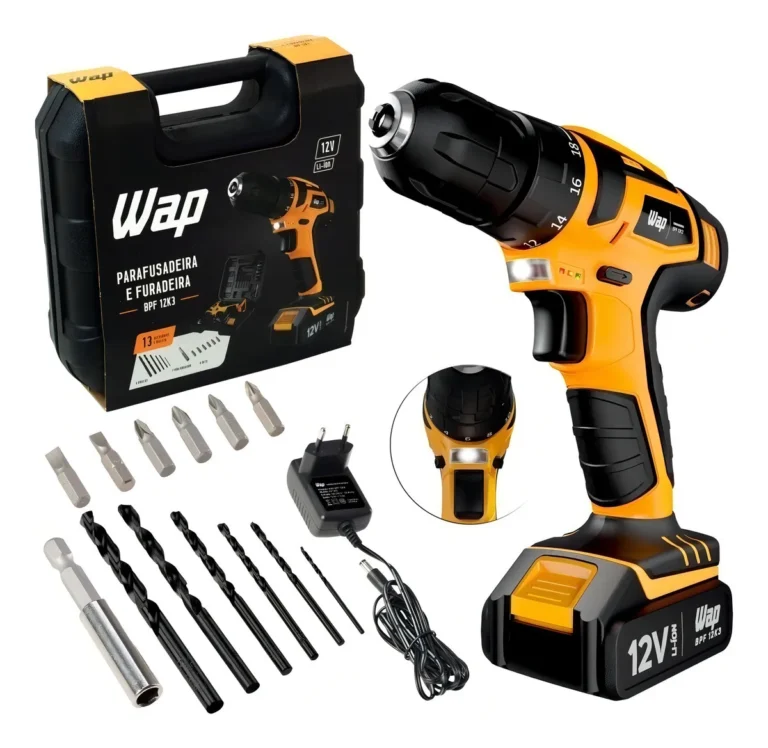 Parafusadeira Furadeira Sem Fio 12V WAP BPF 12K3 – Kit Maleta