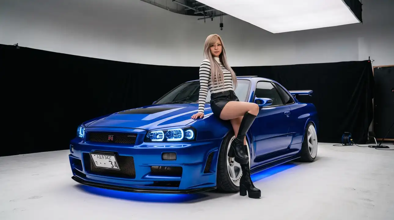 nissan skyline gtr mostrando sua beleza com uma japonesa encostada